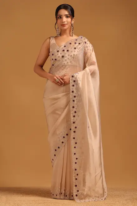 beige tissue floral printed saree with stone work